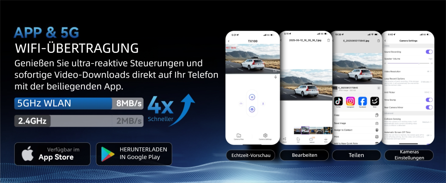 Автомобільний відеореєстратор TECXERLLON 4K Dual Dashcam (передній та задній), нічна зйомка Starlight, GPS, WDR, G-сенсор, режим паркування 24г, кут 160°/150°, карта пам'яті 64ГБ у комплекті