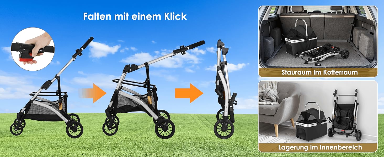 Візок для собак Mamizо 3-в-1: візок, переноска, сумка. До 20 кг, поворотні колеса, кошик, тримач для напоїв, для собак та котів (сріблястий, чорний)