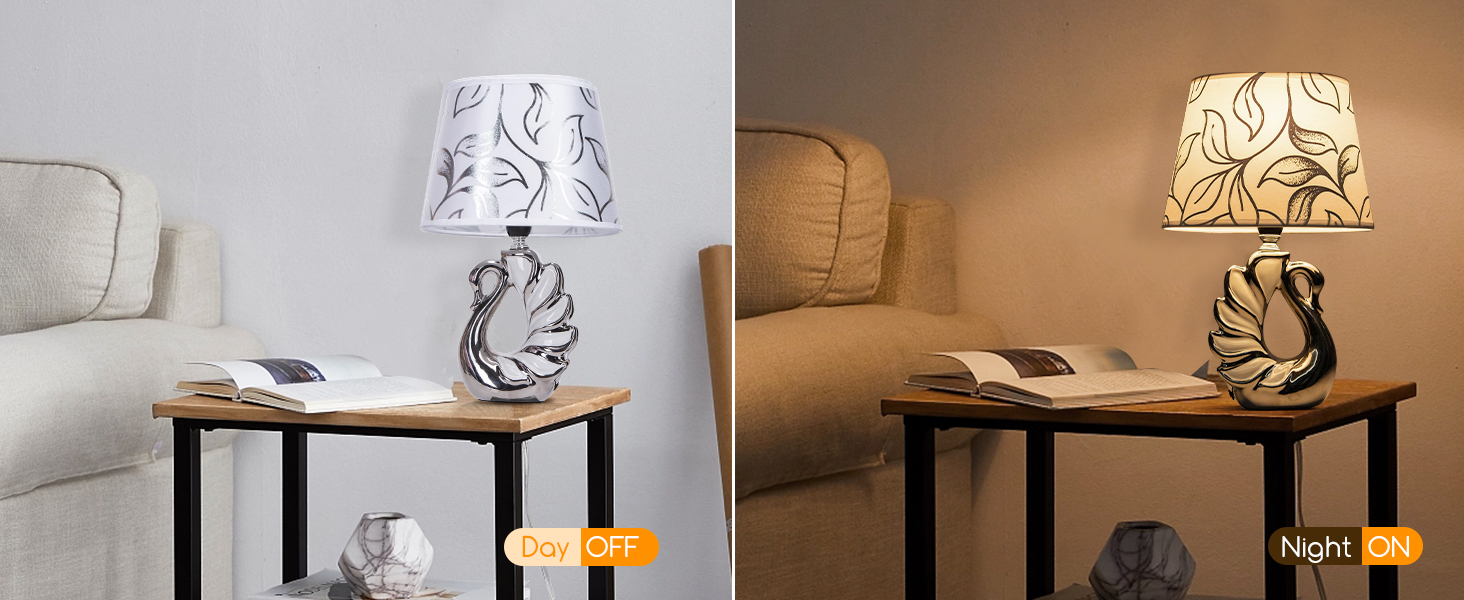 Стійка лампа Aigostar з кераміки, вінтажна настільна лампа з тканинним абажуром, патрон E14, макс. 40W, сучасна лампа для нічного столика, нічник для спальні, вітальні, офісу (без лампочки) - H235mm (Білий лебідь - H310mm)