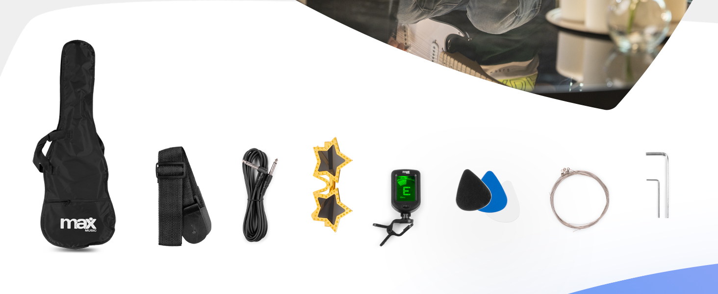 Електрогітара Max GigKit: Повний комплект для початківців (рожева, 1/4, 4/4), з підсилювачем 40W, чохлом, медіатором, ременем, тюнером, кабелем та запасними струнами