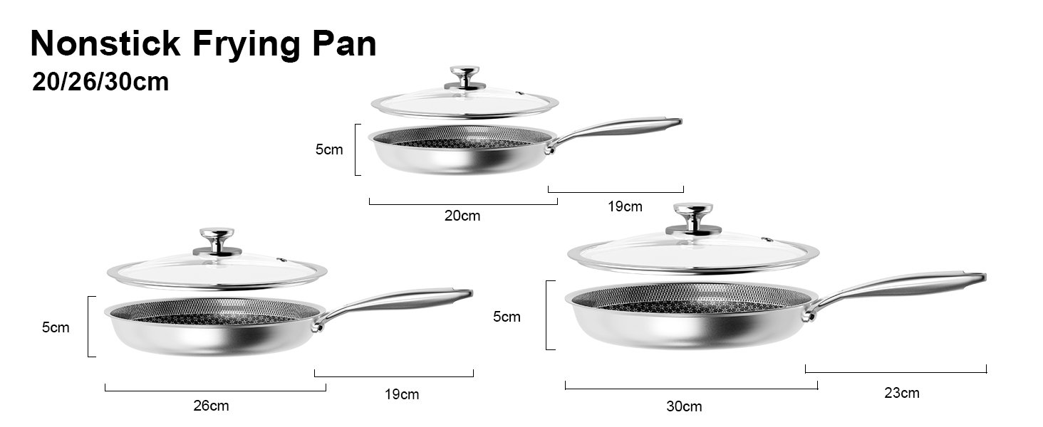 Набір сковорідок RIOVARM з нержавіючої сталі для індукційних плит, антипригарне покриття, 20/26/30 см + кришки, вок, сковорода для смаження та універсальна сковорода, підходить для всіх типів плит, безпечно миється в посудомийній машині, можна використовувати в духовці.