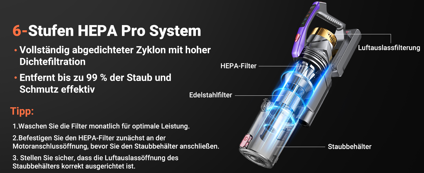 Бездротовий акумуляторний пилосос 58KPa/550W з LED-дисплеєм та антизаплутана щітка, 1.8L, для тварин, килимів, твердих поверхонь та авто, сірий & золотий