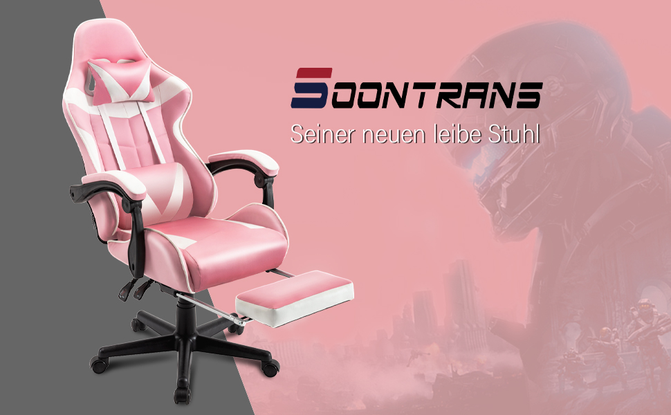 Геймерське крісло Soontrans Massage з підставкою для ніг, подушкою для голови та масажним валиком для попереку, рожеве з обручем для волосся