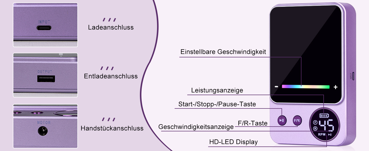Електричний фрезер для нігтів, 45000 об/хв, професійний манікюрний апарат з LED-дисплеєм, бездротовий набір для манікюру та педикюру