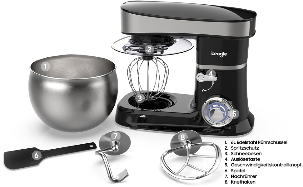 Кухонна машина з чашею 6л з нержавіючої сталі, міксер для тіста з Flexi-мішалкою, гаком для тіста та вінчиком, 6 швидкостей, 1500 Вт