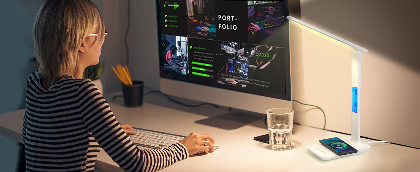 LED настільна лампа з бездротовою зарядкою та USB-портом, диммування, годинник, 3 режими освітлення, Tx26cwhite-eu