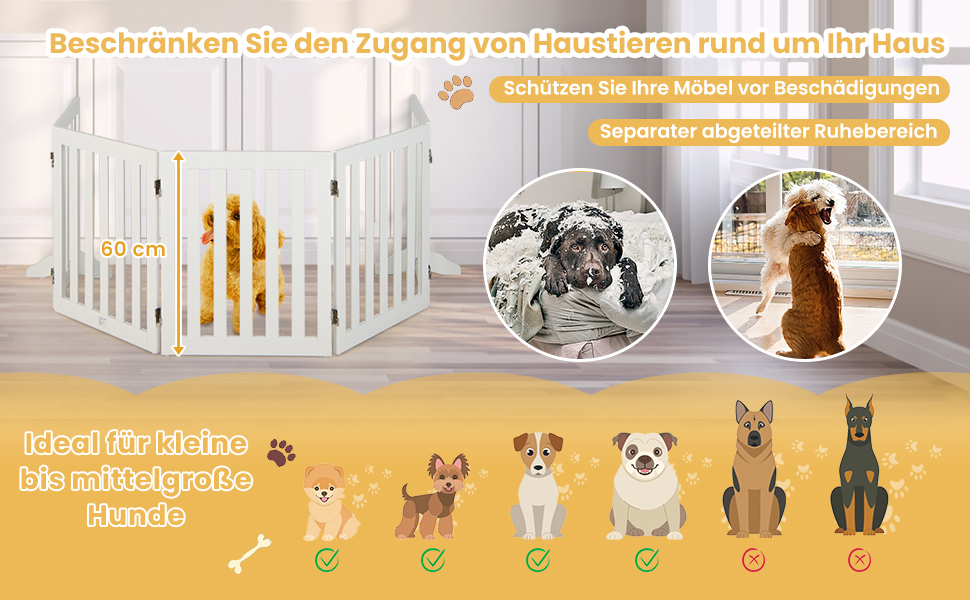 Захисний бар'єр для собак COSTWAY 60см, дерев'яний, дитячий, розкладний, для сходи, білий (5 панелей)