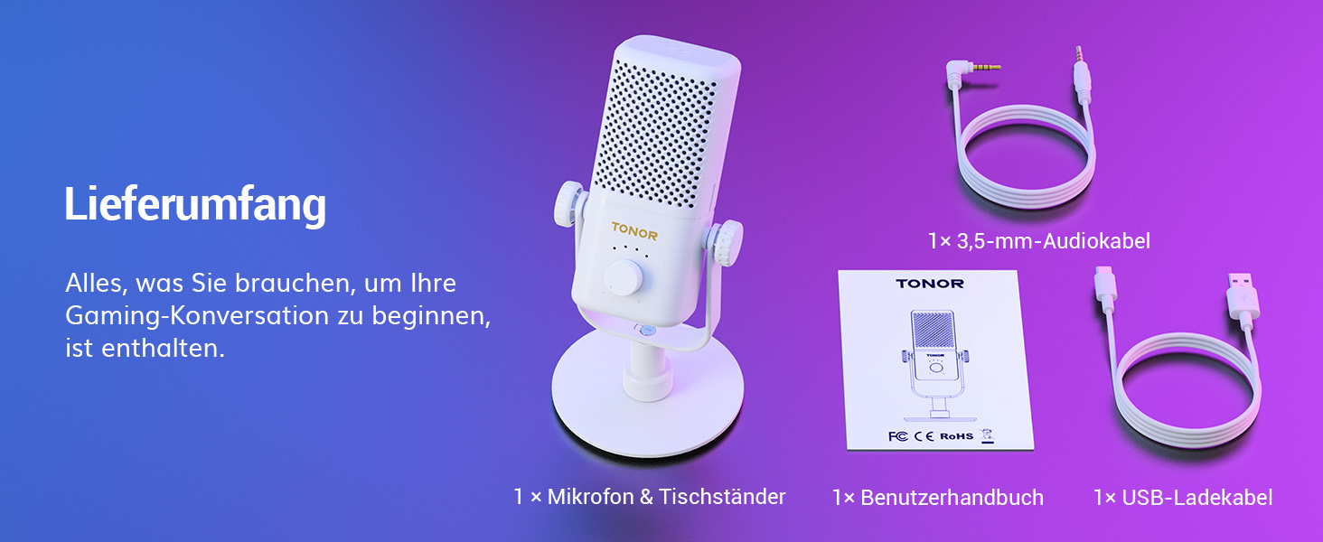 TONOR TCX3 Мікрофон для геймінгу з RGB підсвічуванням, конденсаторний, з регулюванням гучності та моніторингом, 30 годин роботи від акумулятора, сумісний з Xbox, Capture картами, для стрімінгу та подкастингу