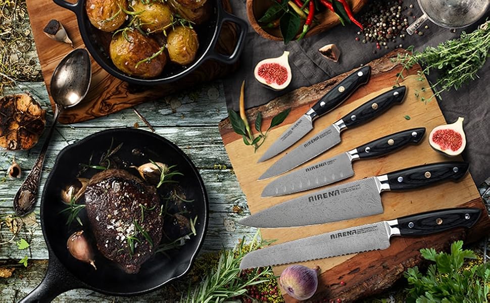 AIRENA Santoku ніж - 7 дюймів, японський стиль, кухонний ніж з нержавіючої сталі X50CrMov15, повний хвостовик, ергономічна ручка Pakkaholz, найкраща продуктивність, надзвичайно гострий ніж для приготування їжі з подарунковою коробкою