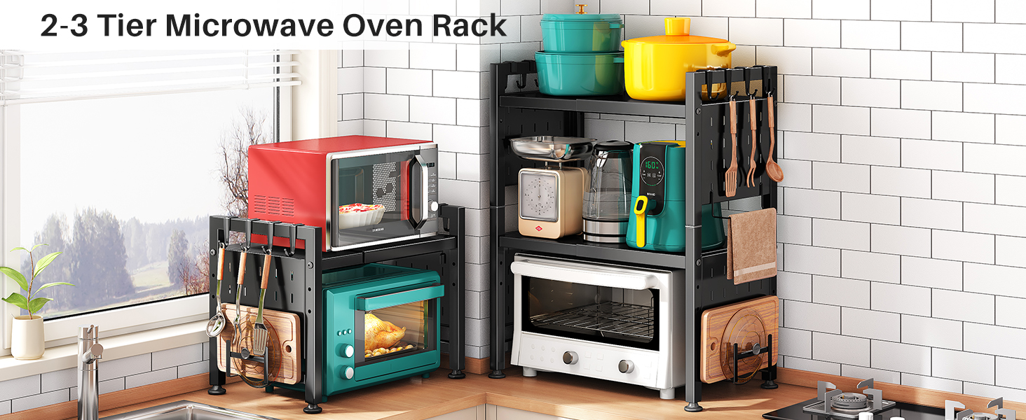 Стійка для мікрохвильової печі SAYZH, 2-рівнева розширювана, з 10 гачками, чорна