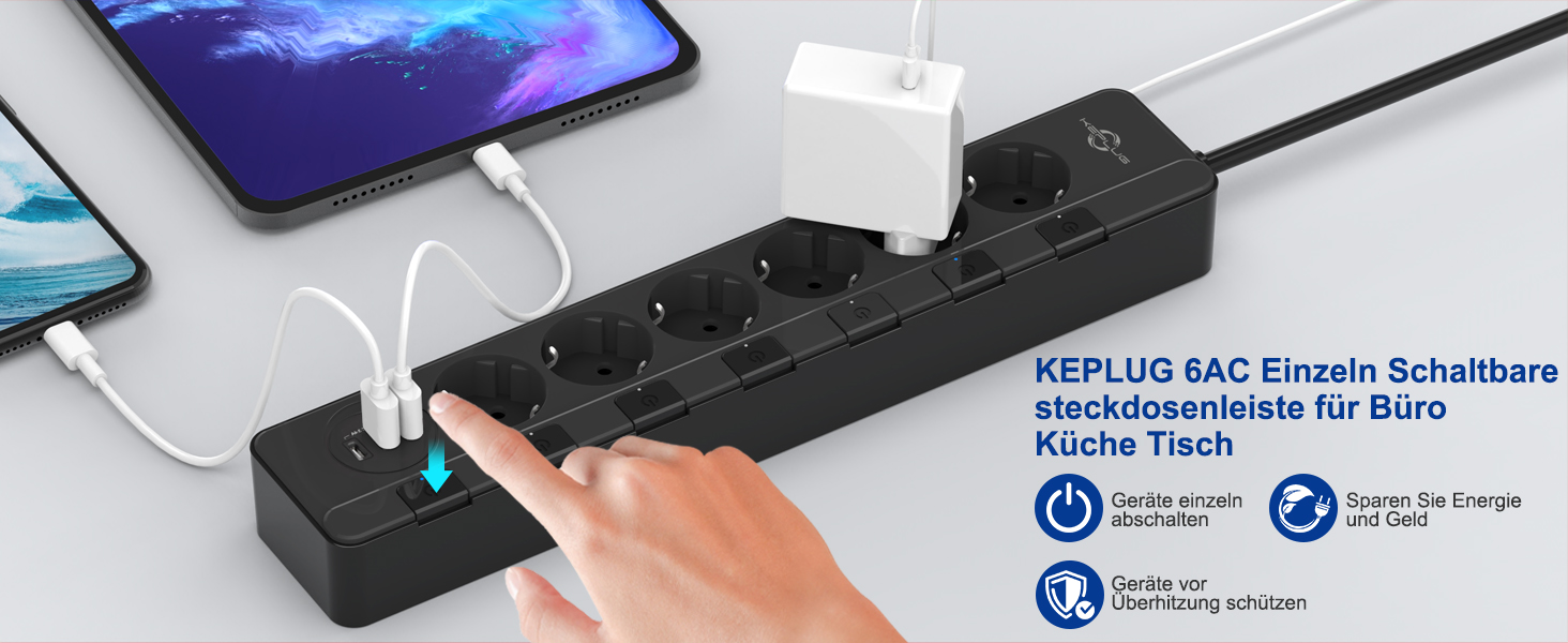 Мережевий фільтр KEPLUG з USB, 4000W, 16A, 6 розеток, 2м кабель, захист від перенапруги, дитячий захист, чорний