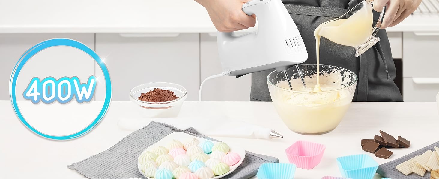 Електричний ручний міксер Duronic 400W з набором насадок: вінчики, гаки для тіста, міксер для випічки, тіста та збивання яєць