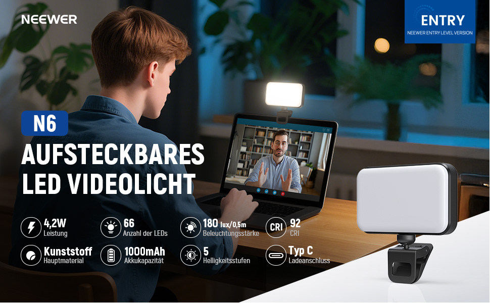 LED світло Neewer для селфі та відеозйомки на телефон, 54 світлодіоди, кліпса, CRI 88, 650mAh, для iPhone, ноутбук, вебкамера, Zoom, макіяж