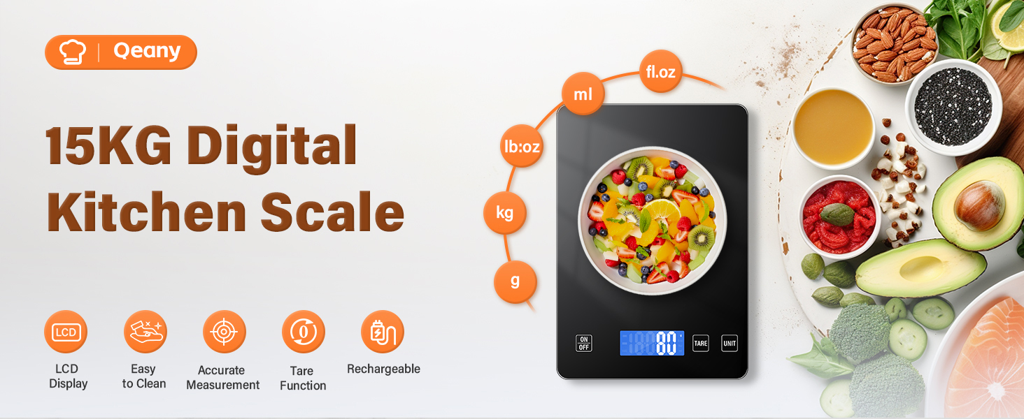 Кухонні ваги QEANY 15 кг з LCD дисплеєм, перезаряджувані, з функцією тарування, 5 одиниць вимірювання, батареї в комплекті