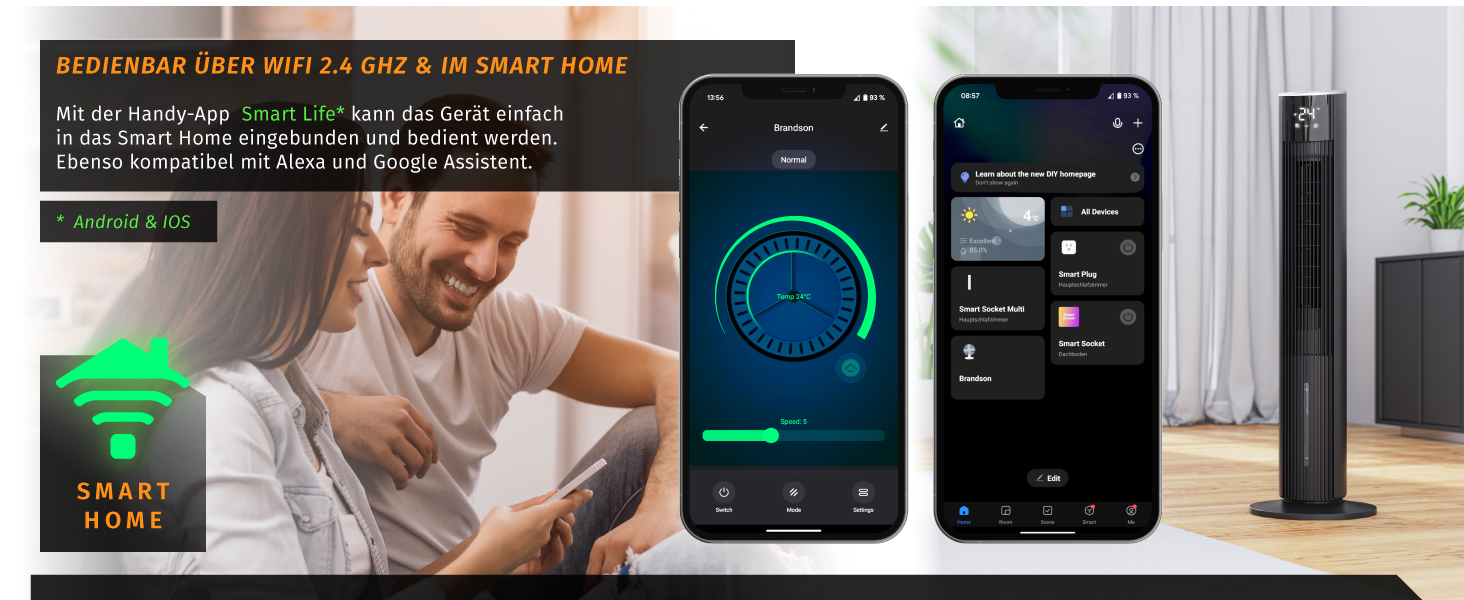 Вентилятор Tower Brandson ECO GREEN з водяним охолодженням, Wi-Fi, управління Alexa – мобільний кондиціонер, чорний