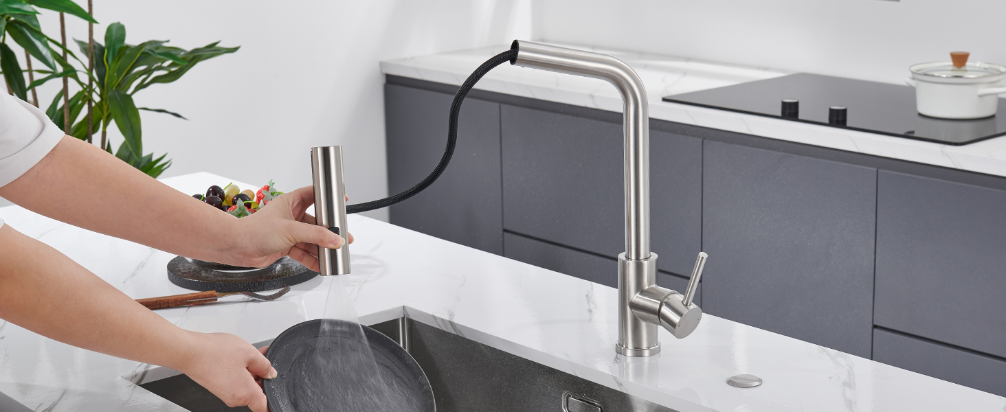 Чорний кухонний змішувач з висувною лійкою, водоспад, високий тиск, 3 режими, 360° поворот, нержавіюча сталь (нікель)