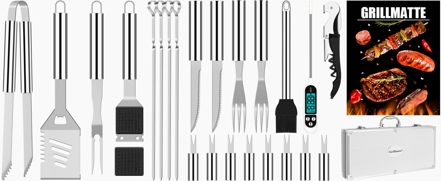 Grilliance 26-Piece Stainless Steel Grill Accessory Set - High-Quality BBQ Grill Utensil Case. Perfect Grill Tool Set for Men - Gift with Portable Storage Case and Meat Thermometer (Silver)