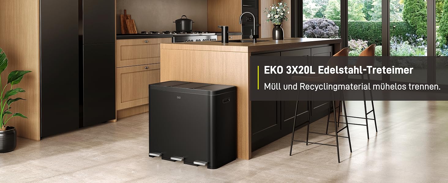 Сміттєвий відро EKO для кухні з 2 відсіками (30+15 л), герметичний сміттєвий контейнер із Soft-Close, відбитки пальців не залишаються, система сортування сміття (Чорний)