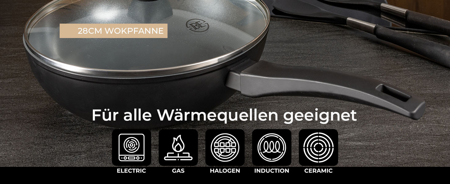 Набір сковорідок Be Living Delight 4 шт. (20/24/28 см + Вок 28 см з кришкою), антипригарне покриття кераміка, для індукційних плит, без PTFE та PFOA, чорний