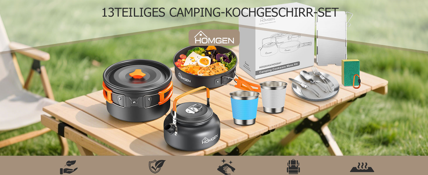 Набір кухонного посуду для кемпінгу HOMGEN: каструлі та сковорідки з алюмінію, легкий, для 2-3 осіб, з сумкою, для кемпінгу, пікніків, походів