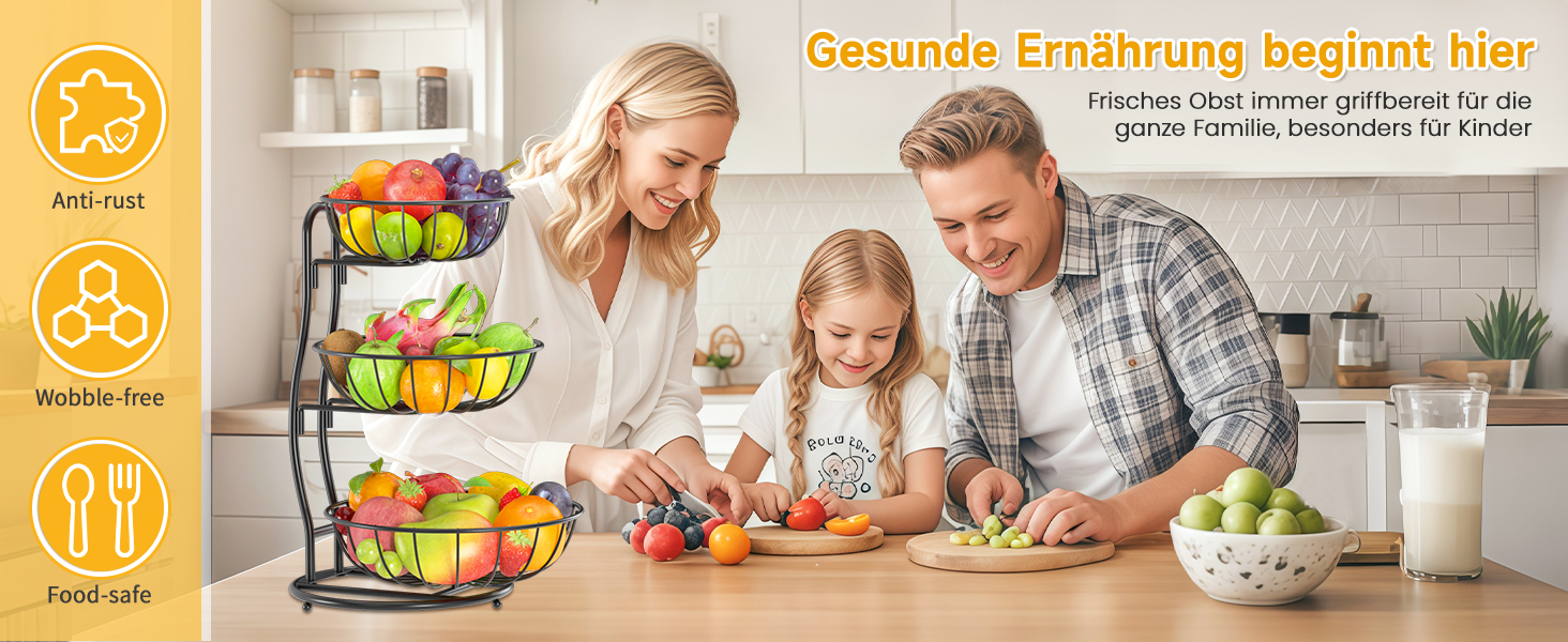 PouHenier 5-ярусная фруктова корзина для кухні, металева етажерка для фруктів та овочів, з тримачем для бананів, чорного кольору