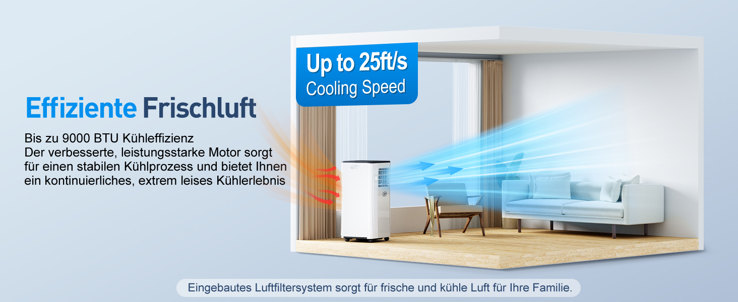 Мобільний кондиціонер Klimaanlage 9000 BTU 3-в-1: охолодження, осушення, циркуляція повітря, LED дисплей, пульт, таймер, тихий, енергоефективний, для приміщень до 88 м³