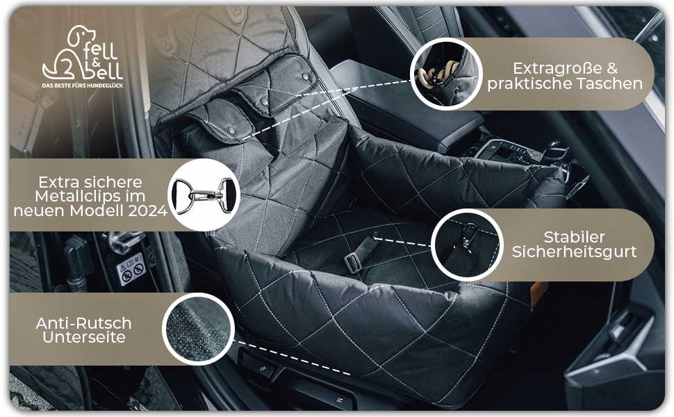 Автомобільний лежак для собак середнього розміру Fell & Bell, чорний | 2-в-1, зручний та стильний, для подорожей