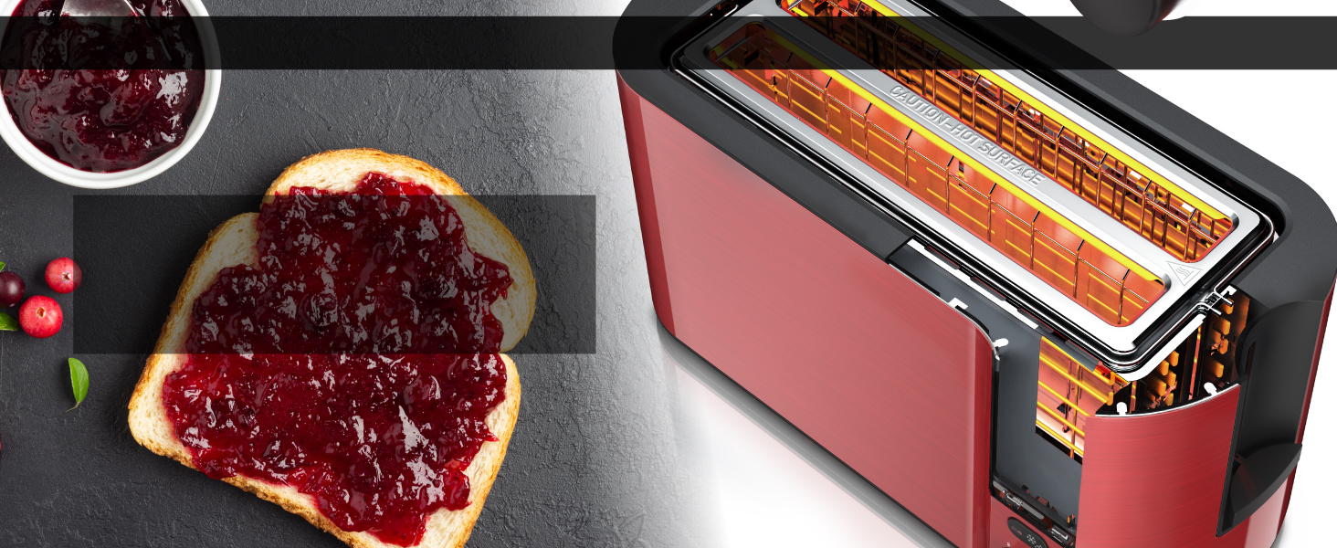 Тостер Arendo з нержавіючої сталі, 4 слоти, подвійні стінки, підставка для булочок, 6 ступенів підсмажування, центрування хліба, автовимкнення, дисплей з таймером