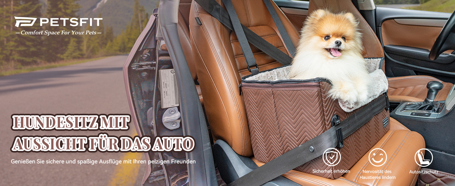 Автомобільне ліжко для собак Petfit, кошик для собак у машину, з кріпленням для безпечного ременя, для маленьких собак, знімні чохли, шкіра, темно-коричневий (S)