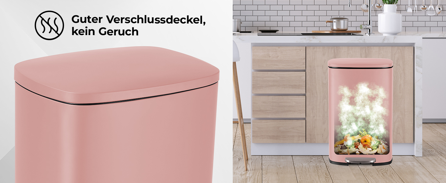 Відро для сміття LIFERUN 30л з кришкою, м'яким закриттям, з внутрішнім відром, сталеве, для кухні, ванної кімнати, офісу, рожеве