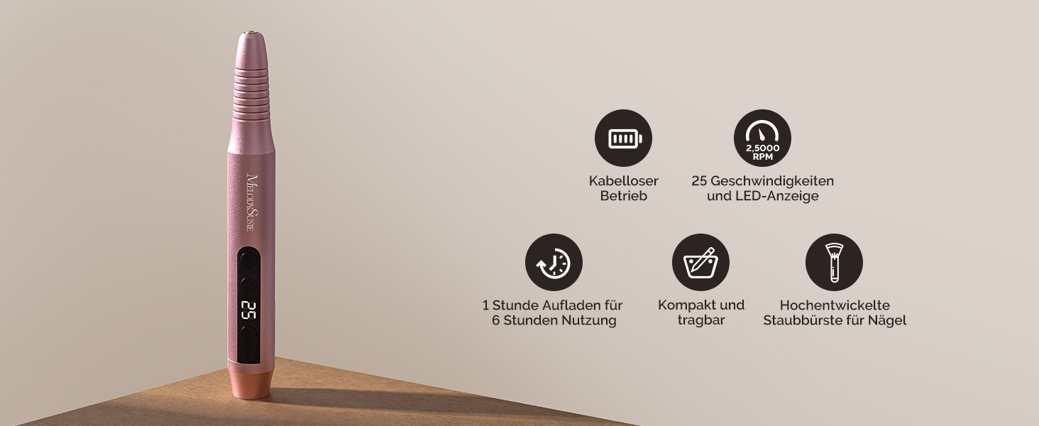Електричний фрезер для нігтів MelodySusie PC180G Rose: професійний набір для манікюру та педикюру з LED-дисплеєм та 25 швидкостями