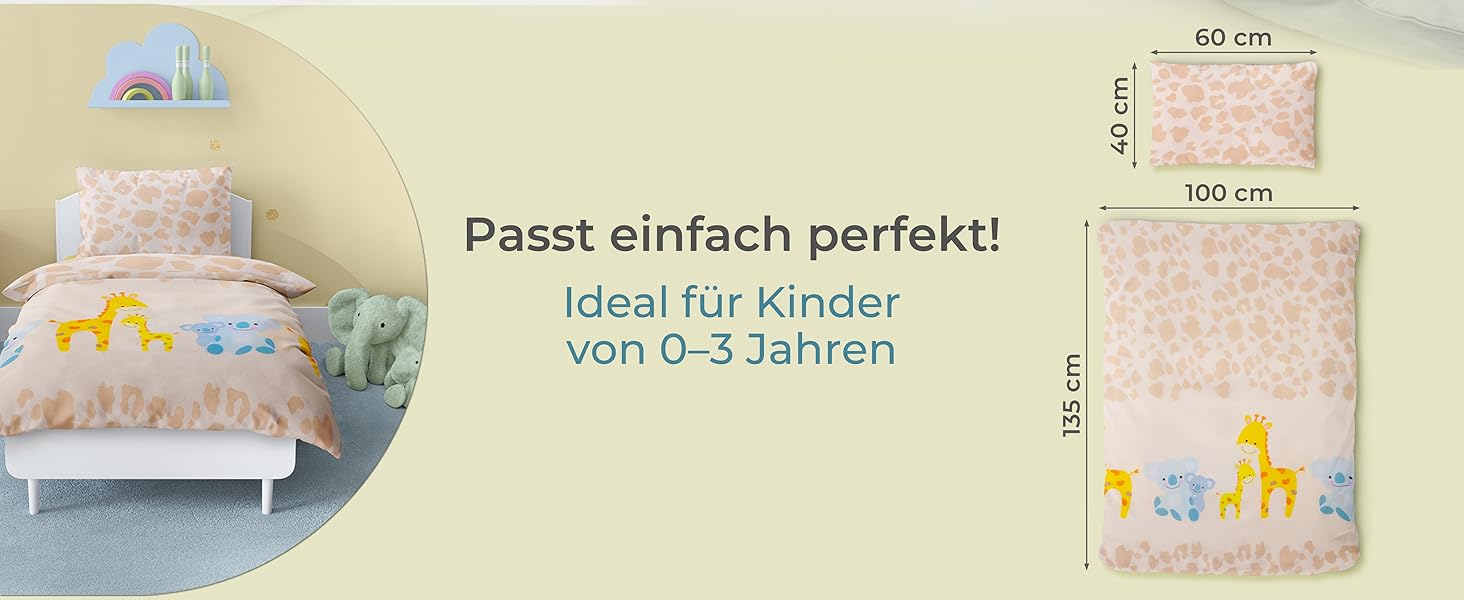 Комплект постільної білизни для дітей Gräfenstayn® з принтом тварин (жирафа та слон) - 100% бавовна (ренфорс) - ковдра 135x100 см, подушка 135x100 см