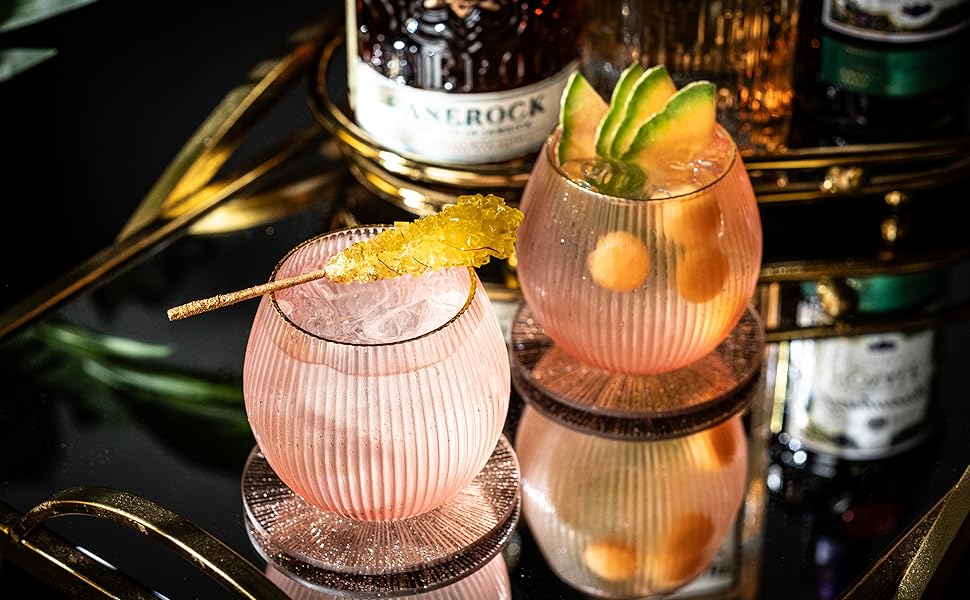 GLASSIQUE CADEAU Набір склянок для джину та тоніку Art Deco, рожеві з золотим кантом, 4 шт, 400 мл | Склянка для коктейлів з кришталю | Подарунковий набір для любителів джину