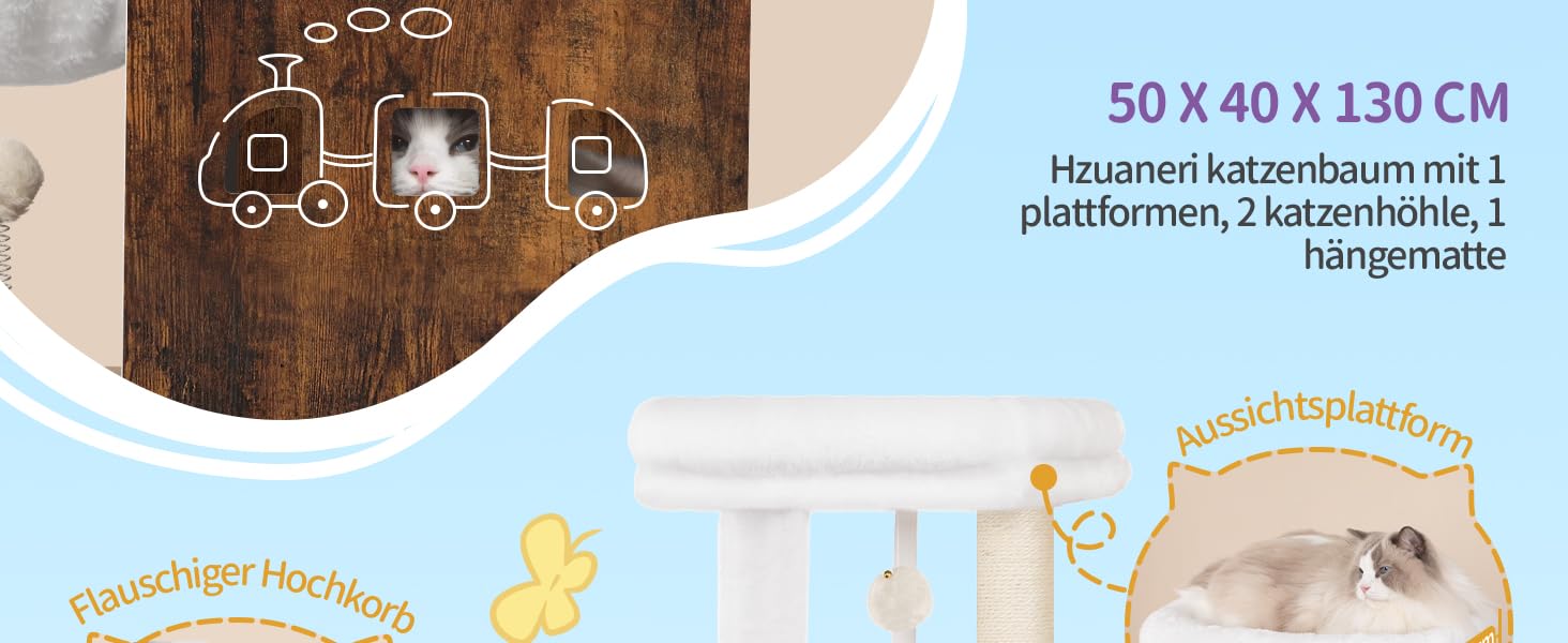 Кігтеточка для котів Hzuaneri 130 см, багатоярусна, з 4 кігтеточками, 2 будиночками, платформами, для дому, вінтажний колір MS13201WT