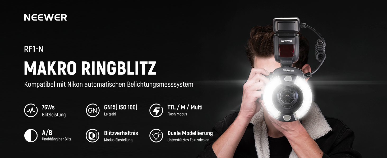 NEEWER RF1-S Макро Спалах кільцеве світло для Sony камери 76W GN15 5600K TTL, 1-1/128, передня/задня синхронізація, кольорові гелі, об'єктивні адаптери, кільця для макрофотографії та студійних фотографій (сумісний з Nikon)