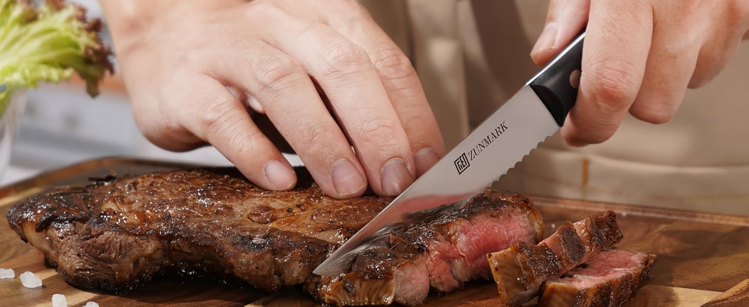 Набір ножів у блоці 13 предметів з нержавіючої сталі з ергономічними ручками, кухонний набір ножів, дерев'яний блок з шкіряним ремінцем