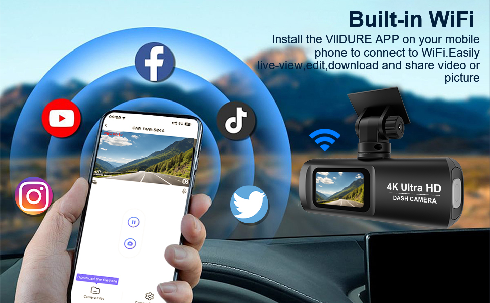Відеореєстратор для авто 4K + 1080P з WiFi, нічною зйомкою та паркуванням, 64GB карта в комплекті