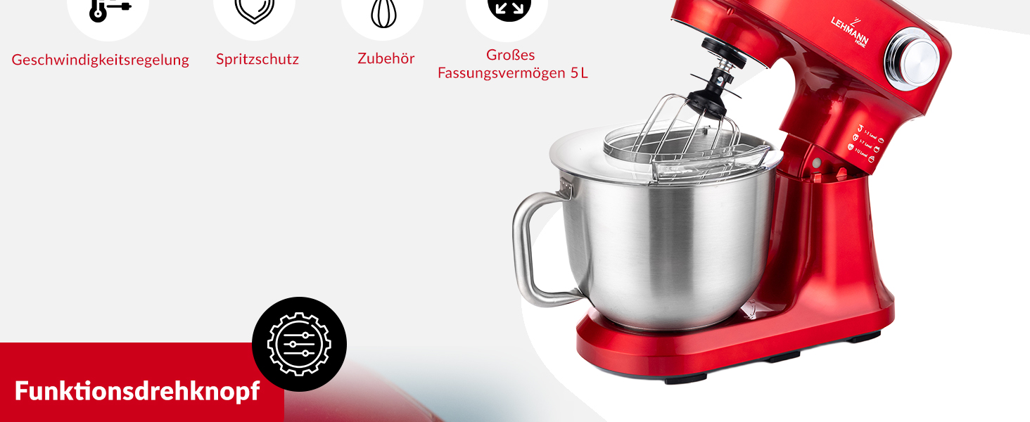 Кухонна машина LEHMANN 1500W з набором аксесуарів, планетарний міксер з чашею 5л, 12 швидкостей, захист від перегріву, червоний
