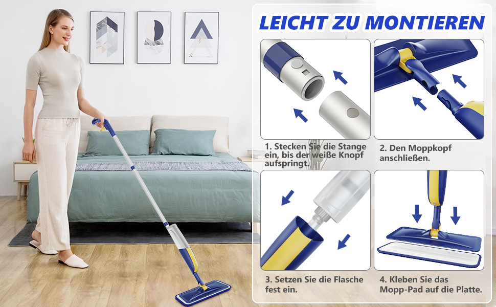 Швабра з розпилювачем MANGOTIME - швабра з розпилювачем, моп для підлоги з баком для води та 3 насадки для швидкого прибирання паркету, мармуру, дерева, ламінату (жовта)