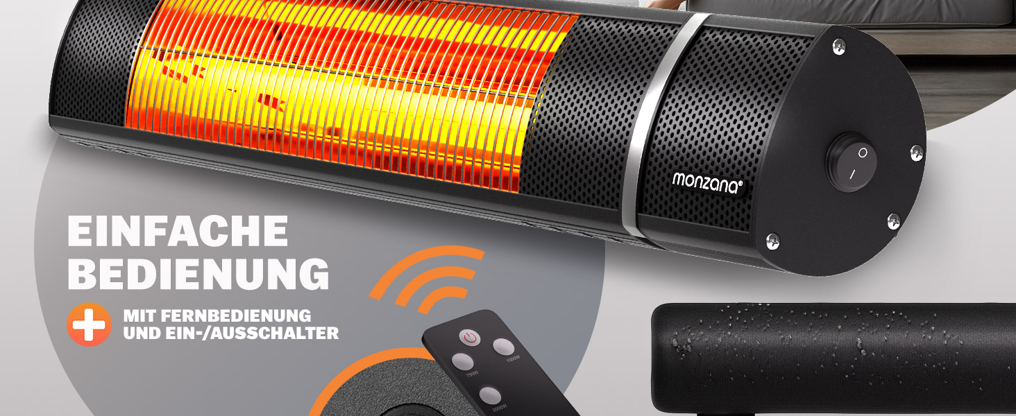 Інфрачервовий обігрівач MONZANA® MZH2000 Goldröhre 2000W з пультом керування, 3 режими, кут нахилу 90°, для тераси та вулиці