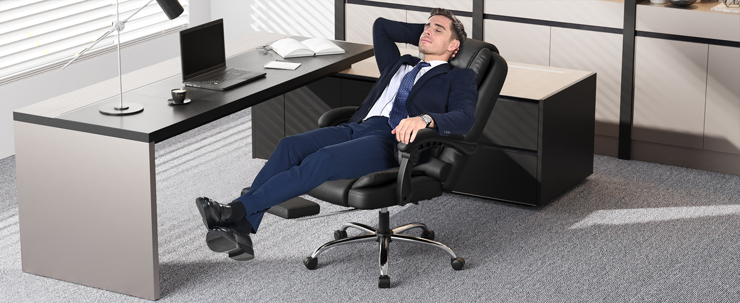 Офісний крісло-шезлонг для кухні/офісу Naspauluro: ергономічний комп'ютерний стілець з високою спинкою, підлокітниками та регулюванням висоти, функція нахилу, поворотний, з підніжкою (чорний)