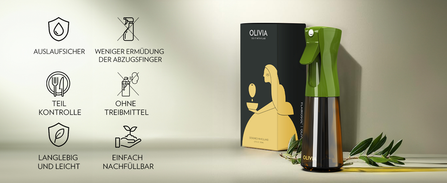 Скляний олійний спрей FLAIROSOL OLIVIA 200 мл, безперервне розпилення, контроль порцій, для кухні, салатів, грилю, випічки, зелений