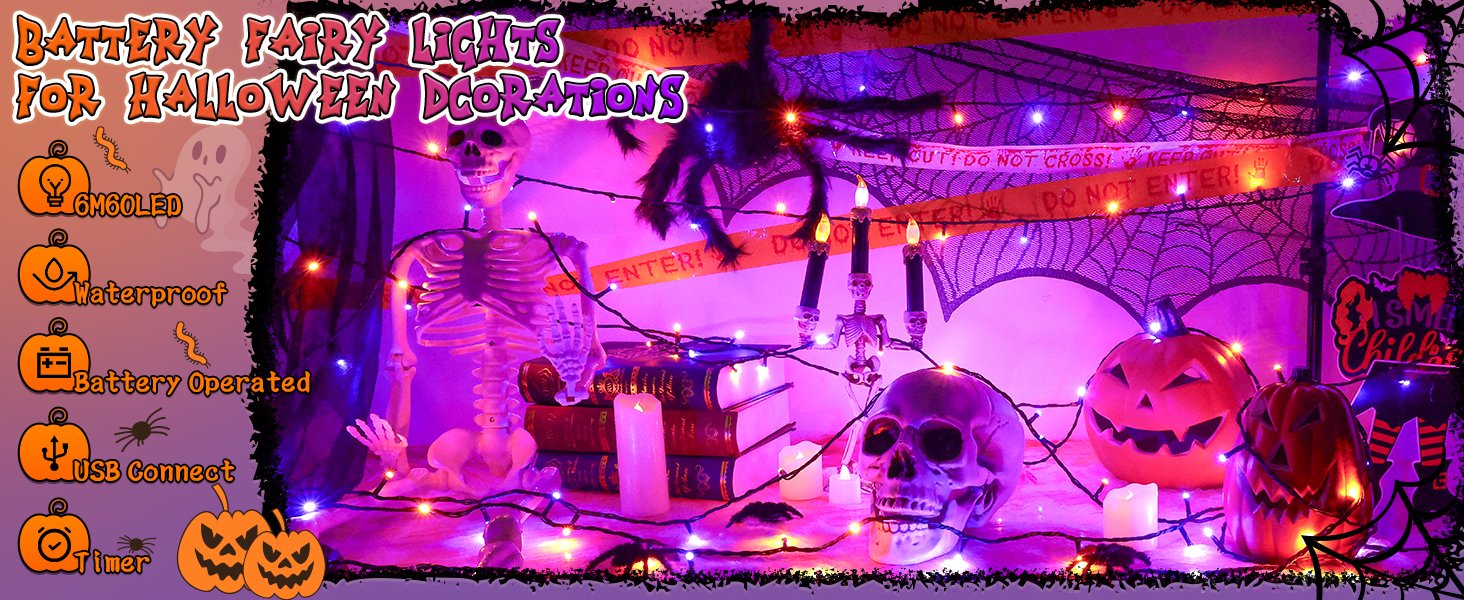 Гірлянда декоративна Halloween на 6 метрів, 60 LED, оранжево-фіолетова, USB/батарейки, таймер, вологостійка, для дому та саду
