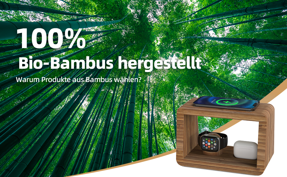 Багатофункціональна заряджна станція 5-в-1 з бездротовим зарядним пристроєм, світлодіодним нічником та годинником, бамбукова, сумісна з Apple Watch, AirPods, Samsung Galaxy та іншими пристроями