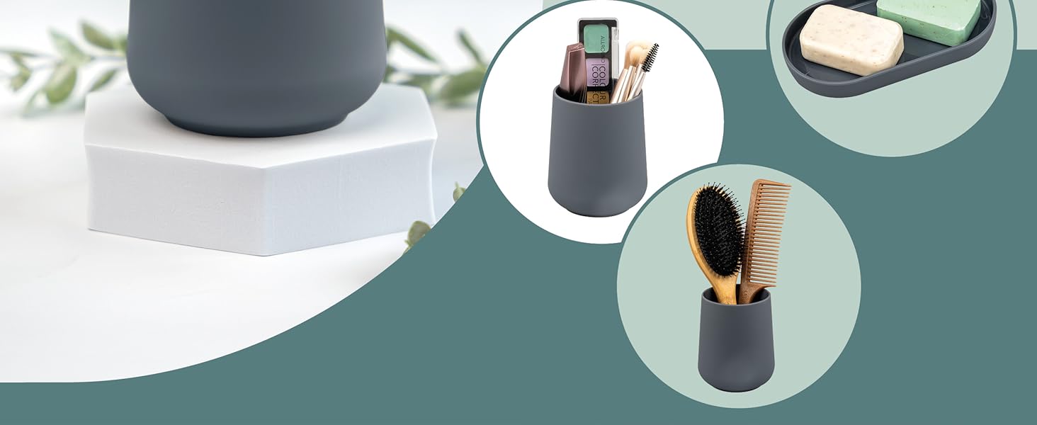 Набір аксесуарів для ванної кімнати Eluno Tesero, 3 шт. (дозатор мила, стакан, миска), чорний пластик