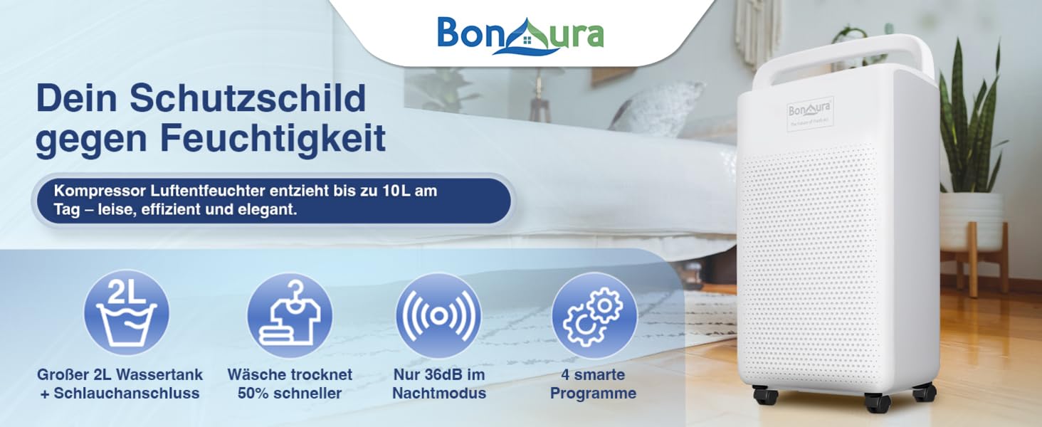 Електричний осушувач повітря BonAura® 10L з LED дисплеєм, таймером та авто-режимом - для підвалів та приміщень до 40м³ - допомога від плісняви