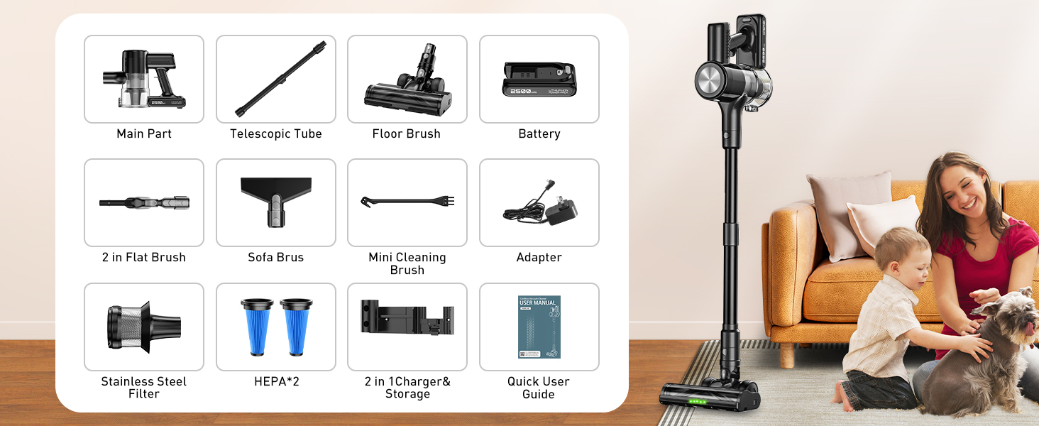 Бездротовий акумуляторний пилосос 48KPa/500W/55хв з LED-дисплеєм та станцією для зарядки, для прибирання шерсті тварин, килимів, твердих поверхонь та авто, чорний