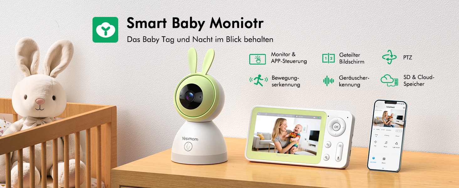 Дитячий відеоняня YESIMOM з камерою 1080P HD, PTZ 360°, Wi-Fi, монітор 4.3