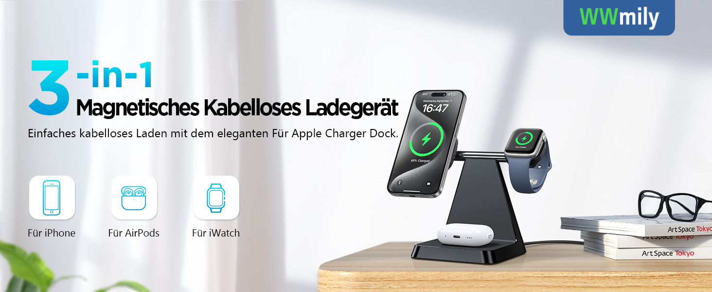 Бездротовий зарядний пристрій MagSafe 3-в-1 для iPhone: зарядка для Apple Watch та AirPods, сумісний з iPhone 16/15/14/13/12 (Білий/Чорний)