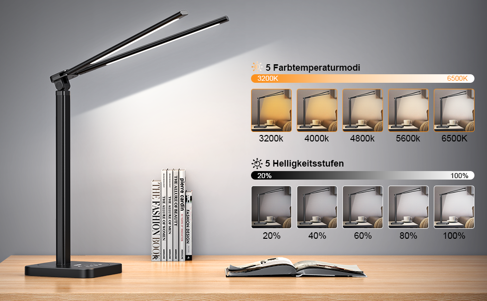 LED лампа настільна Veetop з подвійним світлом, регульована, денне світло, 72 см, шарнірний кріплення, 5 рівнів яскравості, 5 колірних температур, диммування, офісна лампа